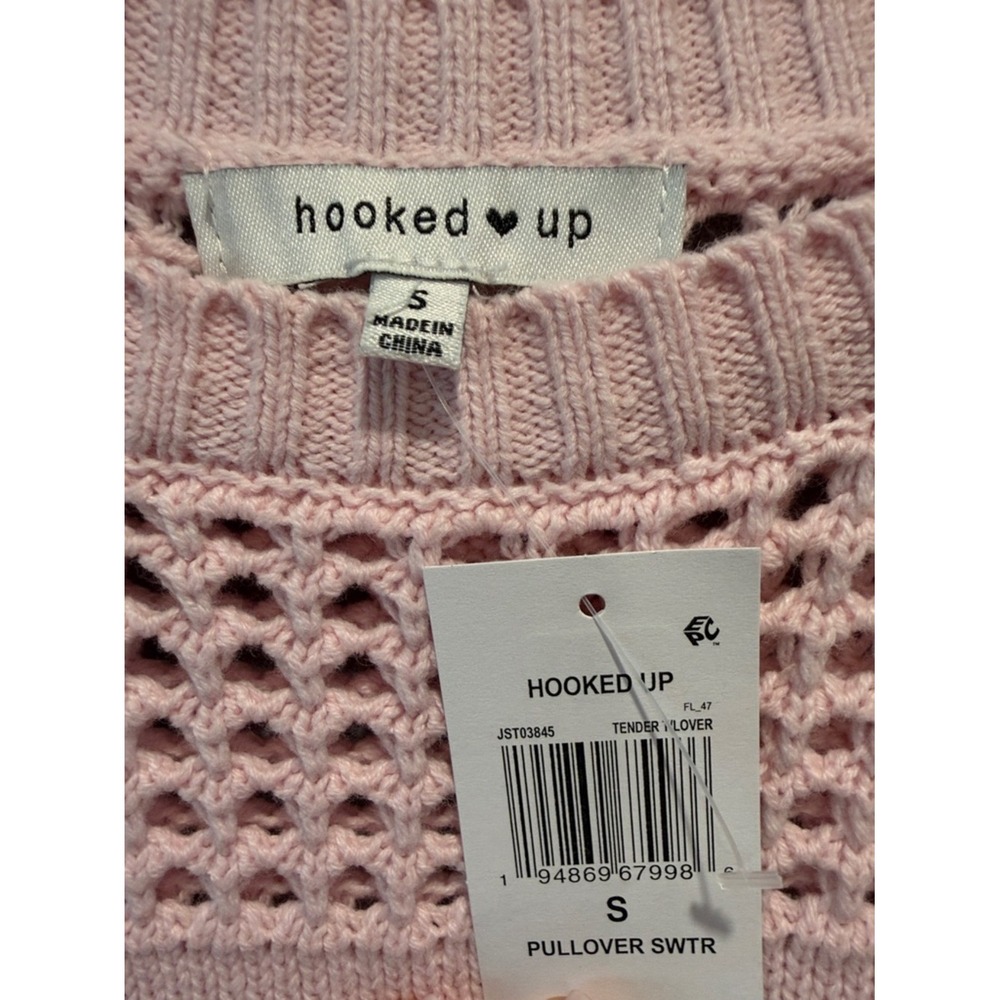 Hooked Up Womens Pink LOVER Graphic Open Knit Mesh Pullover Sweater Small NEW - Picture 3 of 9